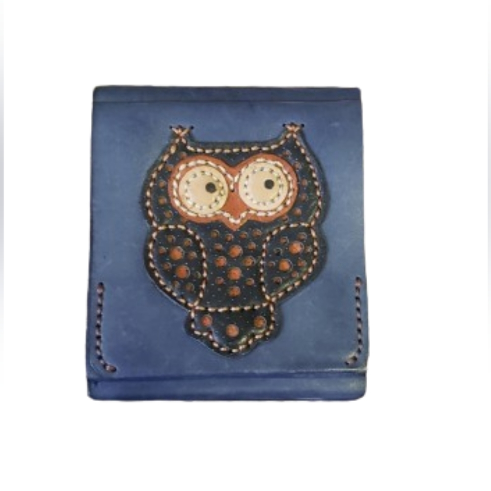 Owl wallet, blue genuine leather